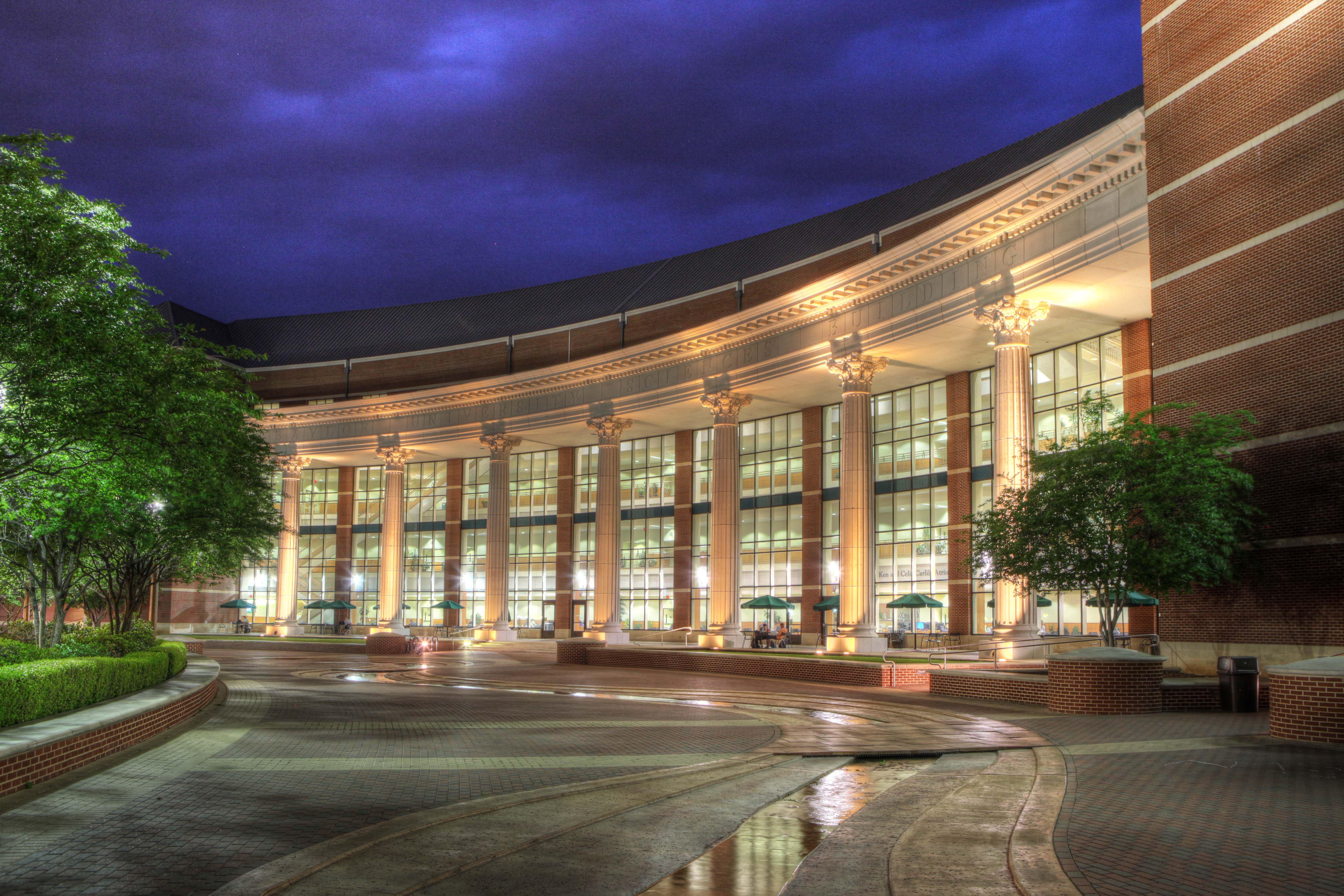 Campus building at night.